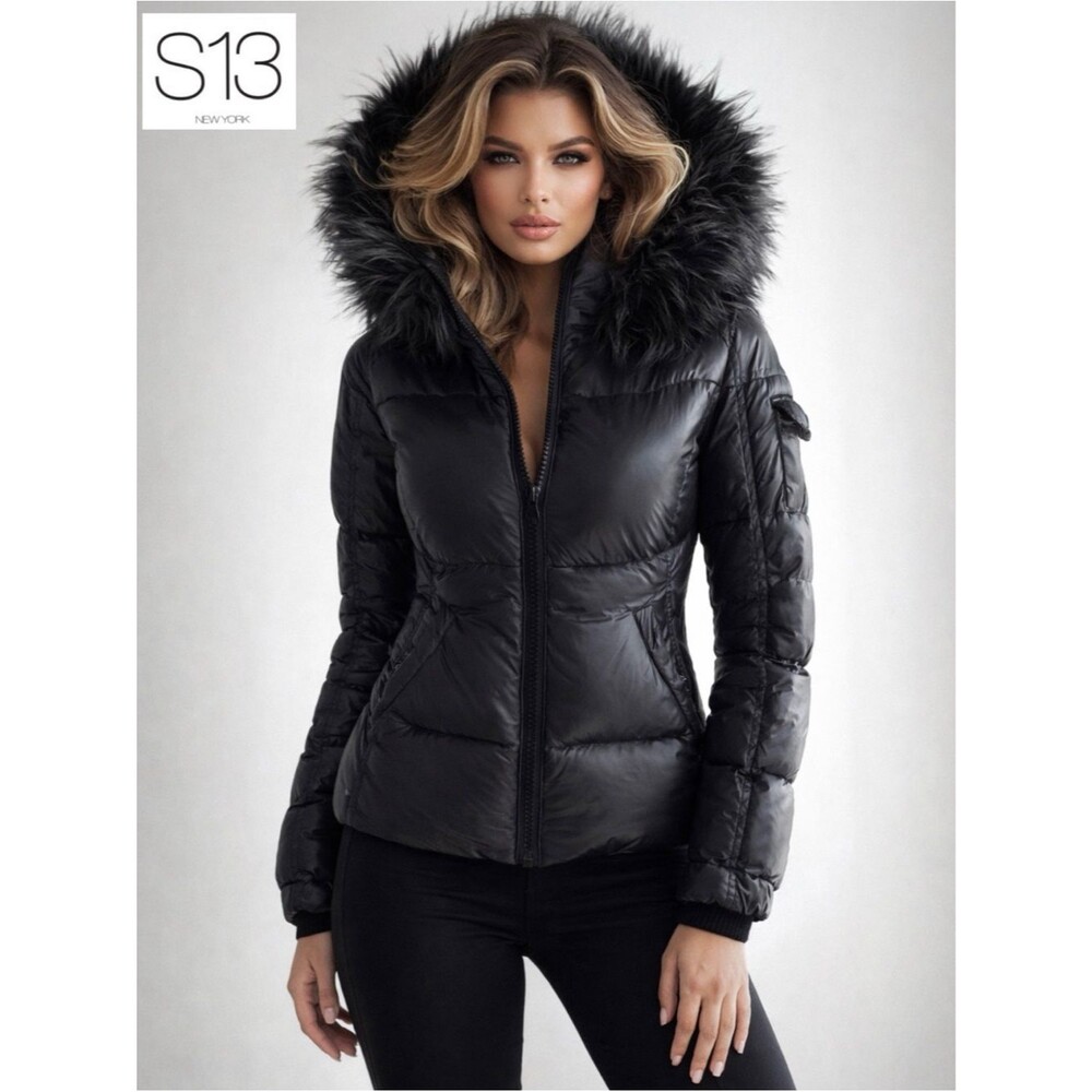 S13 Kylie Jet 1 Puffer Jacket XS Dark Charcoal Glossy Shiny Down Hooded Fur Trim